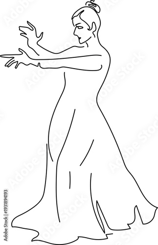 Line drawing of flamenco dancer isolated on white background.