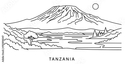 Line Art Mount Kilimanjaro Landscape Tanzania Outline Safari Scenery