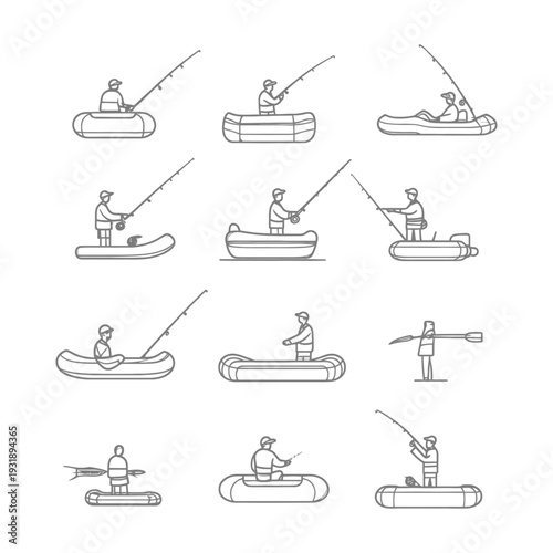 Line Drawings of Fishermen in Boats and on Water