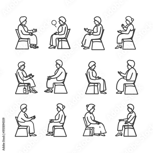 Line Drawings of People Sitting on Chairs in Different Poses
