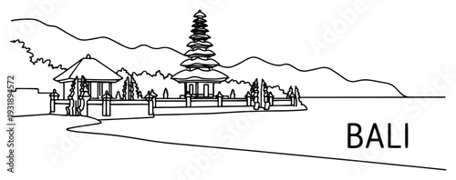 Line Art Bali Temple Pagoda Landscape Indonesian Outline Cultural Scene