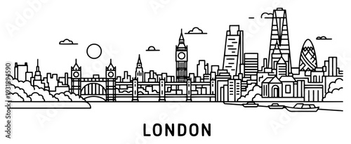 Minimalist line art skyline of London with iconic landmarks illustration