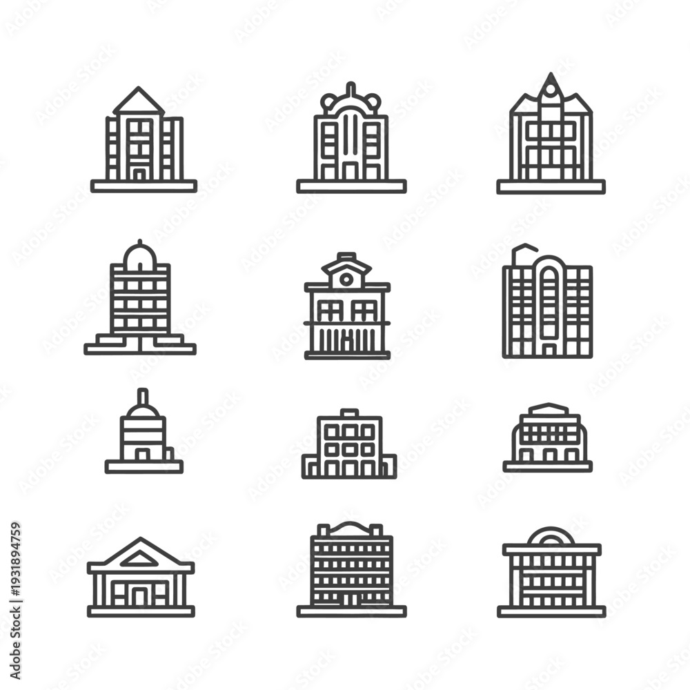 Fototapeta premium Line Icons Representing Different Types of Buildings