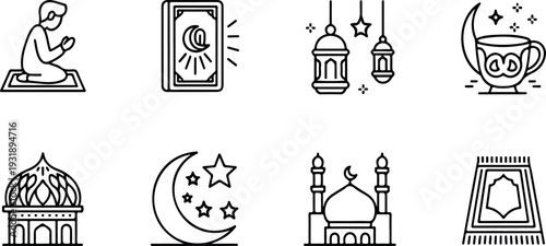 Minimalist ramadan kareem icon collection with prayer person holy quran mosque lantern and crescent moon art