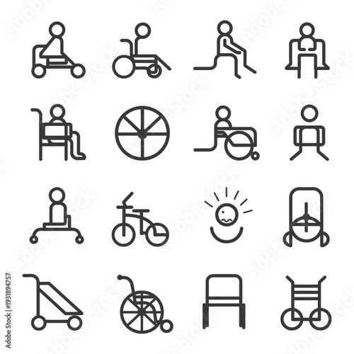 Line Icons Representing Assistive Mobility Devices and Techniques