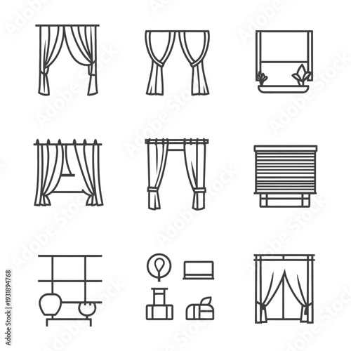 Line Icons Set of Window Treatments and Blinds