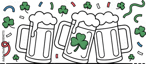 Saint Patricks Day beer mugs with clover leaf and confetti decorations on a transparent background for design