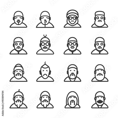Line Icons Set of Men with Beards, Mustaches, and Headwear