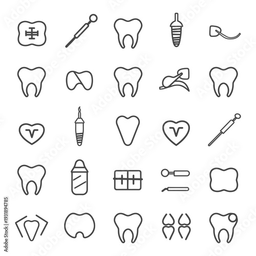 Line Icons Set of Dental Care Tools and Teeth