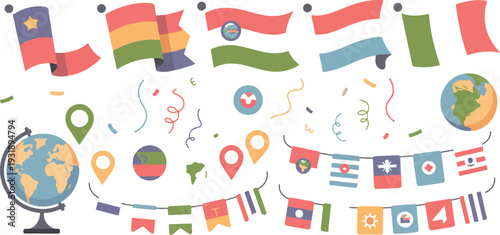 Set of flags from around world, earth globe, map markers, ribbons and celebration elements