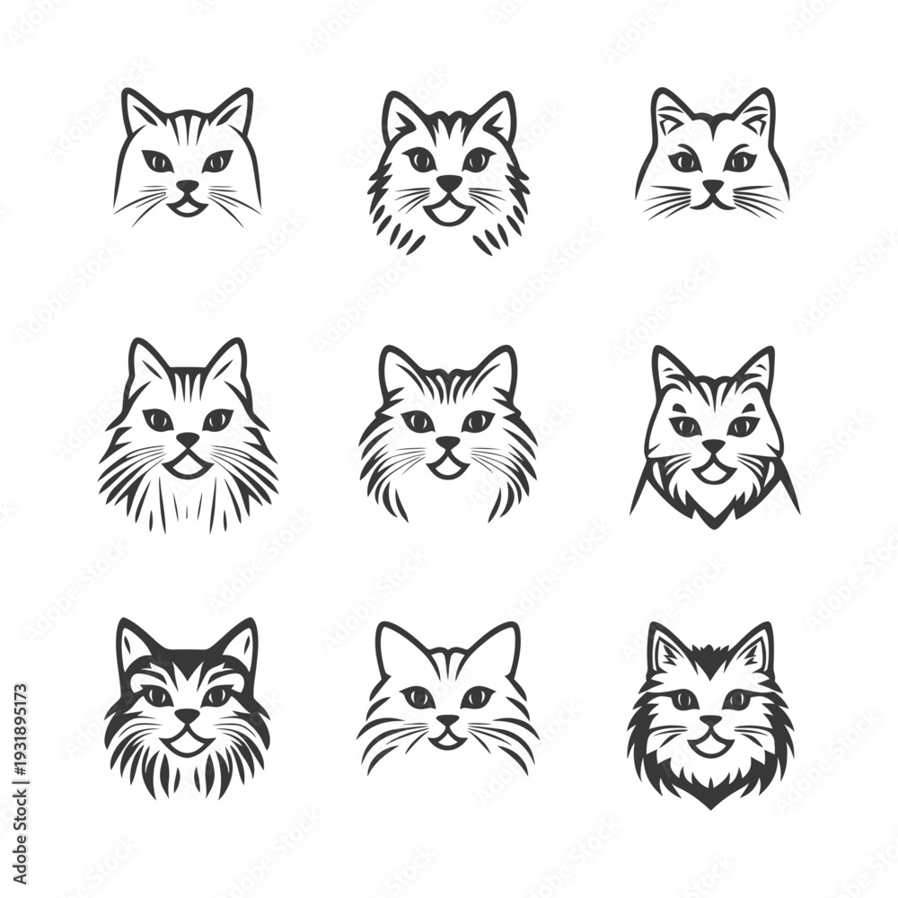 Fototapeta premium Nine Black and White Cat Heads with Different Expressions