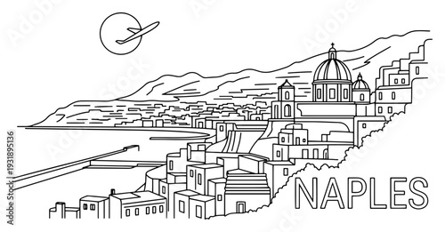 Minimal Line Art Naples Cityscape with Coastal Hills Dome and Airplane Outline Illustration