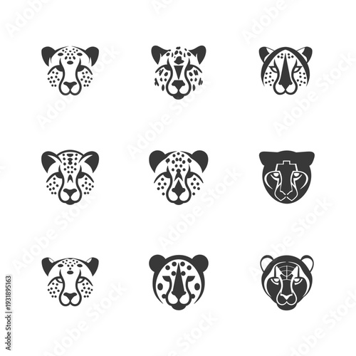 Nine Black and White Cheetah Head Illustrations