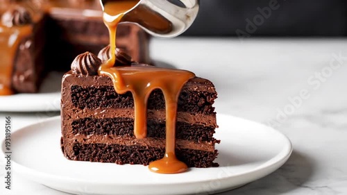 Slice of multi-layered chocolate cake being drizzled with caramel sauce from a metal container