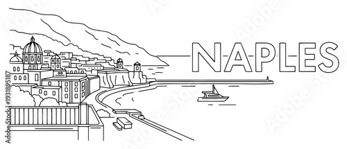 Naples Coastline Panorama Minimal Line Art Cityscape with Boat Outline Illustration