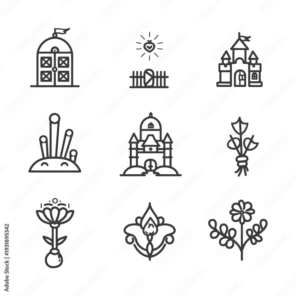 Fototapeta premium Nine Black and White Line Drawings of Fantasy Objects
