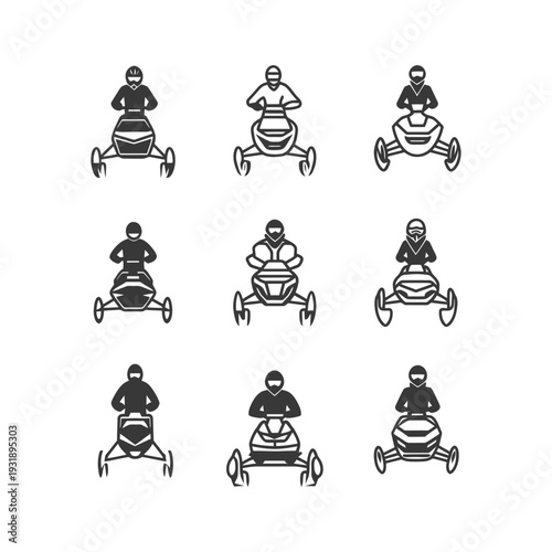 Nine black and white illustrations of snowmobile riders