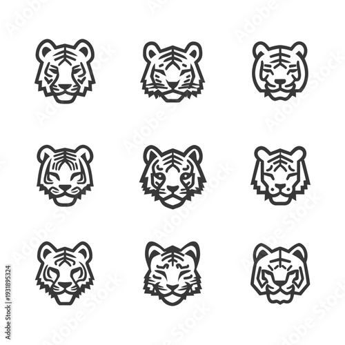 Nine Black and White Line Art Tiger Head Illustrations