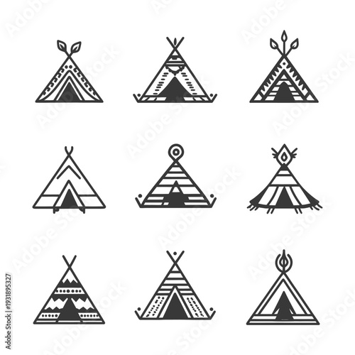 Nine Black and White Illustrations of Teepees with Unique Designs
