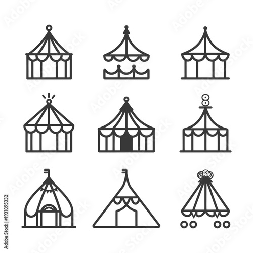 Nine Black and White Line Drawings of Circus Tents