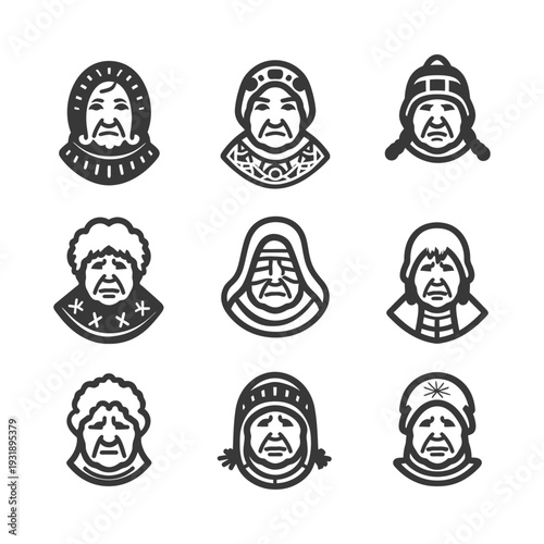 Nine Black and White Line Drawings of Indigenous Peoples' Faces