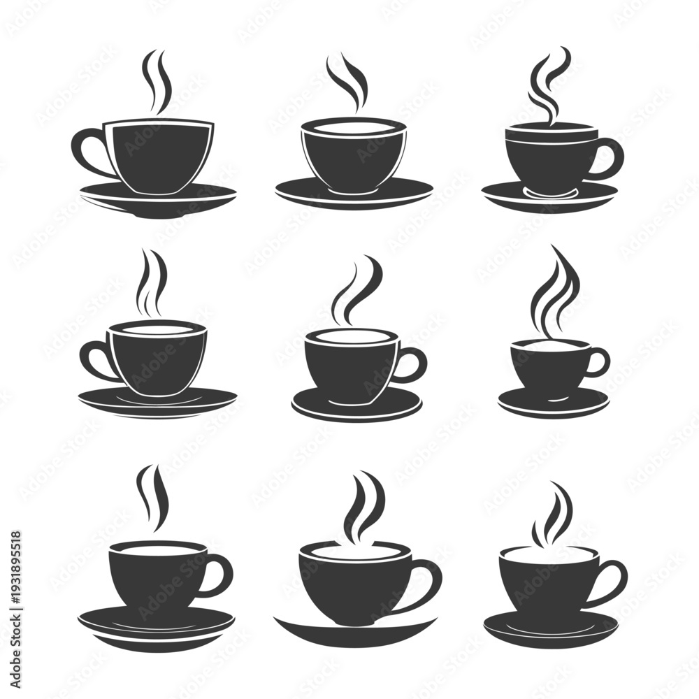 Fototapeta premium Nine Black and White Silhouettes of Coffee Cups with Steam