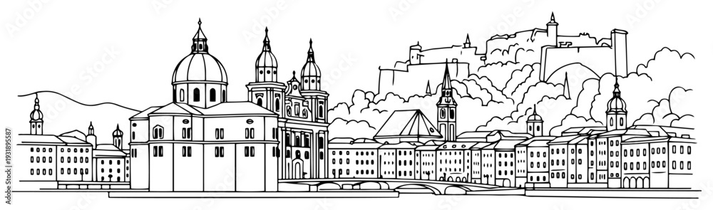 Fototapeta premium Minimal Line Art Salzburg Skyline with Hohensalzburg Fortress and Cathedral Outline Illustration