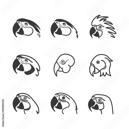 Nine Black and White Parrot Head Illustrations