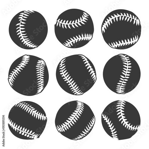 Nine Black and White Silhouettes of Baseballs