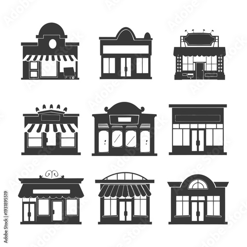 Nine Black and White Silhouettes of Different Storefront Designs