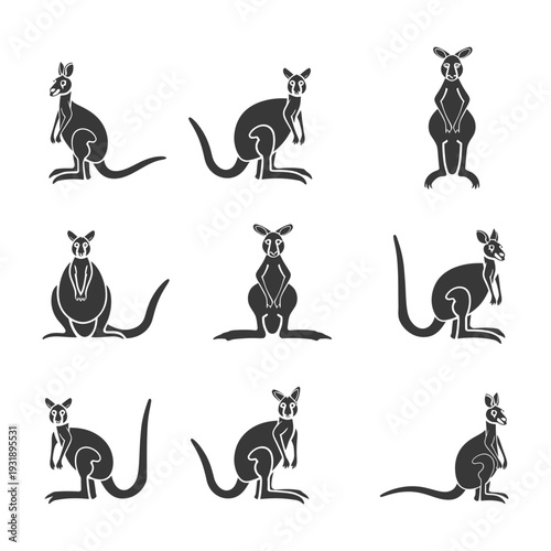 Nine Black and White Silhouettes of Kangaroos in Different Poses