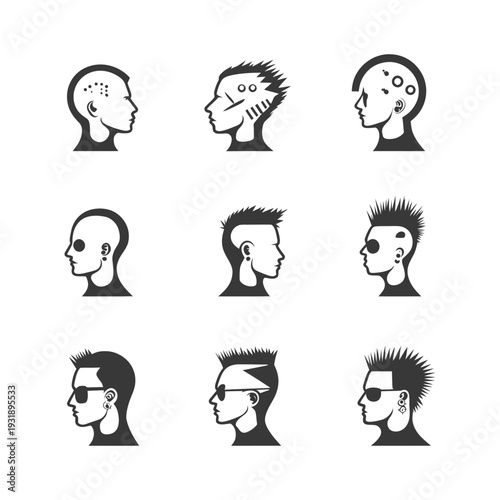 Nine Black and White Silhouettes of Human Heads with Different Hairstyles and Piercings
