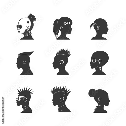 Nine Black and White Silhouettes of People with Unique Hairstyles and Piercings
