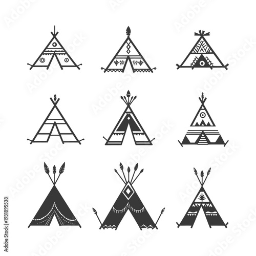 Nine Black and White Silhouettes of Native American Teepees