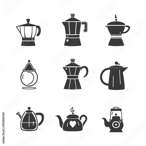 Nine Black and White Silhouettes of Teapots and Coffee Pots
