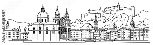 Minimal Line Art Salzburg Skyline with Hohensalzburg Fortress and Cathedral Outline Illustration