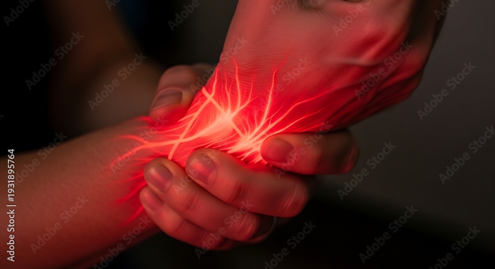 Fototapeta premium Close-up of human hand with glowing red nerve pain or carpal tunnel syndrome medical concept in dark background