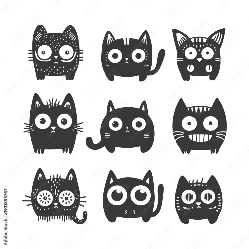 Fototapeta premium Nine Cute Black Cats with Different Expressions