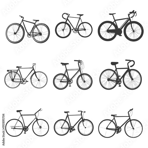 Nine Black Silhouettes of Bicycles with Different Styles