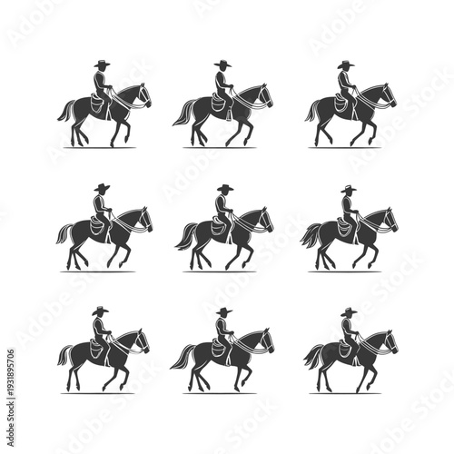 Nine Black Silhouettes of Cowboys Riding Horses