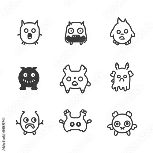 Nine Cartoon Monsters with Different Expressions and Features