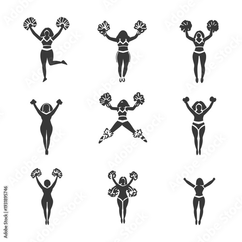 Nine Cheerleaders in Various Poses with Pom-Poms