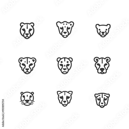 Nine Cheetah Head Icon Variations in Black and White