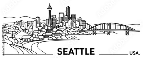 Minimal Line Art Seattle Skyline with Space Needle and Bridge Outline Illustration