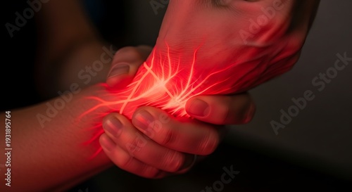 Close-up of human hand with glowing red nerve pain or carpal tunnel syndrome medical concept in dark background