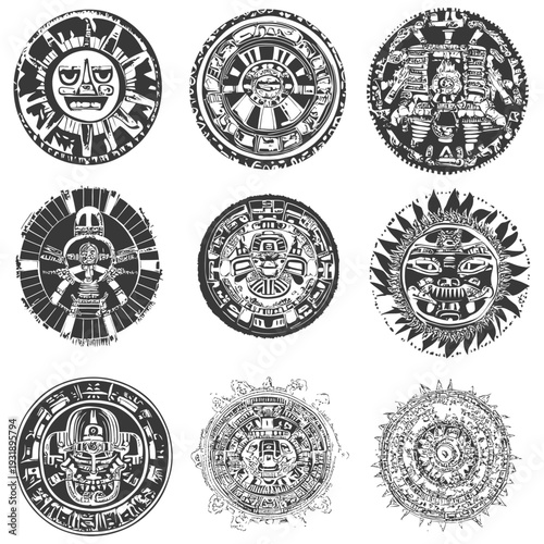 Nine Circular Aztec Calendar Illustrations with Intricate Designs and Deity Faces