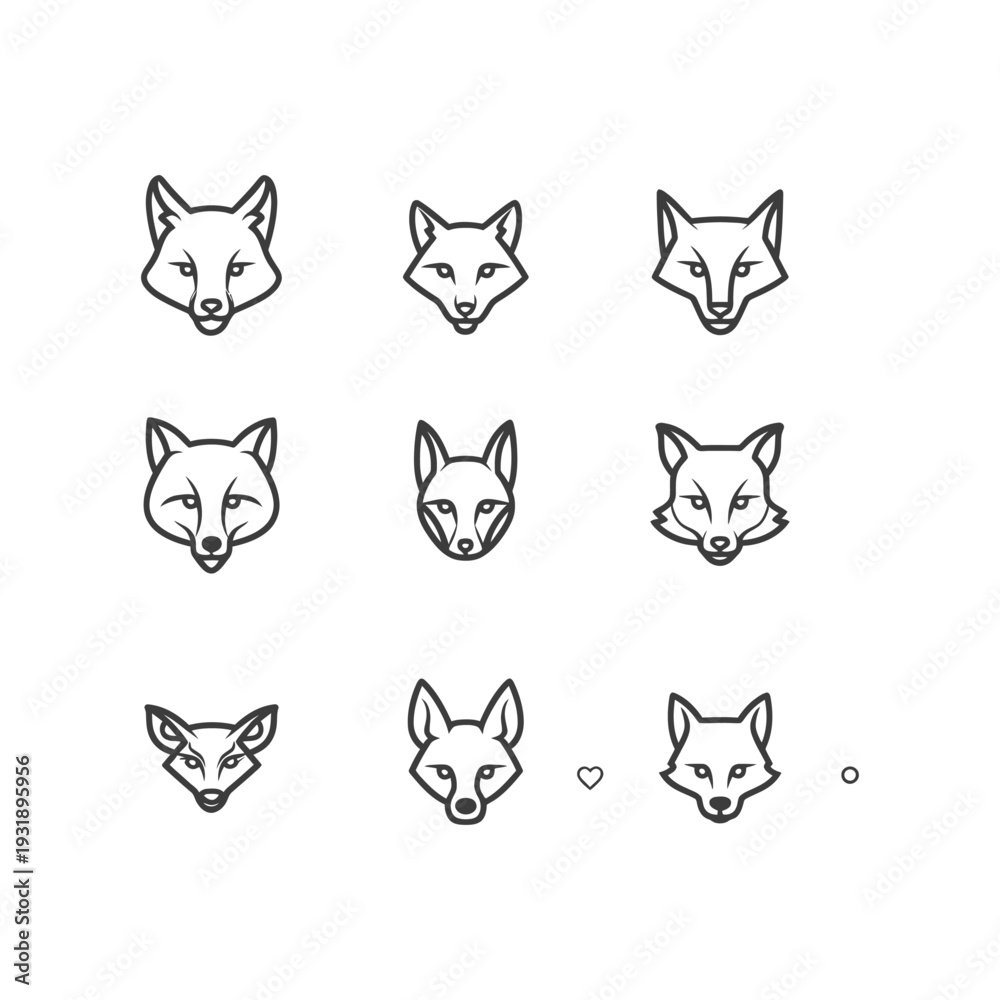 Fototapeta premium Nine Fox Head Line Art Illustrations with Subtle Variations in Design