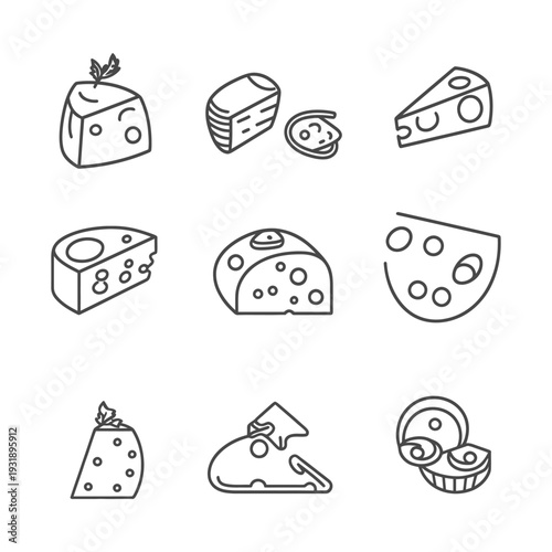 Nine Different Types of Cheese Illustrated with Line Drawings