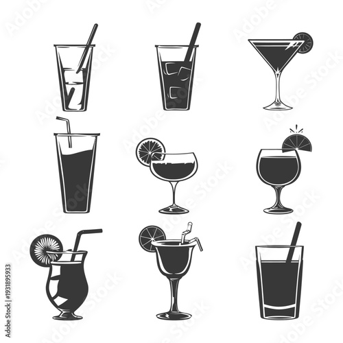 Nine Different Types of Cocktails and Drinks with Straws and Garnish