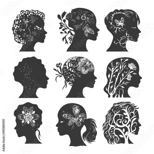 Nine Female Silhouettes with Floral and Butterfly Motifs